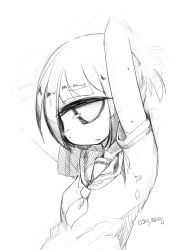 Rule 34 | 1girl, arms behind head, cyclops, expressionless, greyscale, highres, looking at viewer, monochrome, necktie, one-eyed, original, portrait, school uniform, serafuku, shima (sh1mamu), signature, simple background, sketch, solo, sweatdrop, thick eyebrows, twitter username, upper body, white background