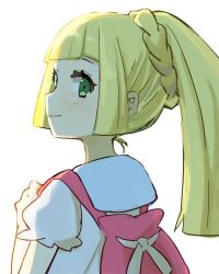 Rule 34 | 1girl, absurdres, backpack, bag, blonde hair, closed mouth, creatures (company), from behind, game freak, green eyes, highres, lillie (pokemon), long hair, looking back, nintendo, peppedayo ne, pokemon, pokemon sm, ponytail, shirt, short sleeves, simple background, smile, solo, white background, white shirt