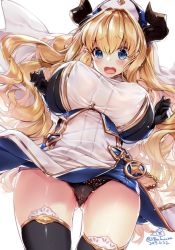 Rule 34 | 1girl, 218, blonde hair, blue eyes, breasts, clothes lift, draph, dress, dress lift, gloves, gluteal fold, granblue fantasy, horns, huge breasts, long hair, panties, pantyshot, razia, solo, thighhighs, underwear, very long hair, wind, wind lift