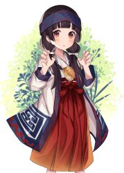 Rule 34 | 1girl, :o, absurdres, ainu clothes, amayadori machi, black hair, blush, bow, brown eyes, commentary request, hair bow, hakama, hakama skirt, hands up, highres, japanese clothes, kimono, kumamiko, long hair, long sleeves, low twintails, medallion, miko, norazura, open clothes, parted lips, red hakama, skirt, solo, standing, twintails, white background, white bow, white kimono