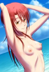 Rule 34 | 1girl, armpits, arms up, blue sky, bonnie (rsg), breasts, closed mouth, cloud, collarbone, day, hair between eyes, hino kahoko, la corda d&#039;oro, long hair, nipples, nude, ocean, outdoors, red hair, sky, small breasts, smile, solo, straight hair, upper body, yellow eyes