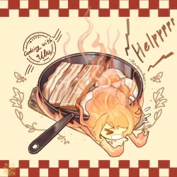 Rule 34 | &gt; &lt;, 1girl, artist logo, bacon, cooking, elemental (creature), english text, fiery hair, fire, fire elemental, flying sweatdrops, food, food focus, fried egg, frying pan, full body, hair over one eye, help, highres, lying, maruma gozu, on stomach, one eye covered, open mouth, reverse:1999, seal impression, solo, ulu (reverse:1999), yellow background
