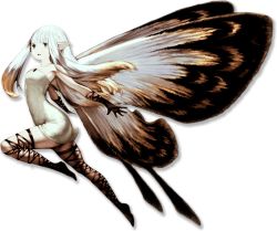 Rule 34 | 1girl, aerie (bravely default), arched back, black thighhighs, blonde hair, blunt bangs, bravely default: flying fairy, bravely default (series), butterfly wings, dress, fairy, fairy wings, full body, gloves, insect wings, long hair, multicolored hair, no nose, pointy ears, smile, solo, strapless, strapless dress, thighhighs, transparent background, white dress, white hair, wings, yoshida akihiko