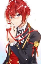 Rule 34 | 1boy, antenna hair, blue eyes, brooch, hair between eyes, heart, heart brooch, highres, holding, jacket, jewelry, kwakah, long sleeves, looking at viewer, male focus, red hair, red ribbon, ribbon, riddle rosehearts, short hair, simple background, twisted wonderland, white background