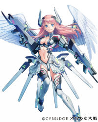 Rule 34 | 1girl, blue eyes, boots, breasts, center opening, cleavage, cleavage cutout, clothing cutout, dual wielding, elbow gloves, esukee, gloves, gun, hair ornament, holding, looking at viewer, mecha shoujo taisen z, mechanical wings, navel, original, pink hair, smile, solo, thigh boots, thighhighs, weapon, white thighhighs, wings