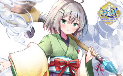 Rule 34 | 1girl, ahoge, bad id, bad pixiv id, blush, character name, commentary request, copyright name, green eyes, green kimono, grey hair, hair between eyes, hair ornament, hairclip, holding, japanese clothes, kimono, long sleeves, looking at viewer, masayo (gin no ame), obi, official art, parted lips, pleated skirt, purple skirt, red ribbon, ribbon, sash, seiken manifestia, simple background, skirt, smoke, solo, upper body, watermark, white background, wide sleeves