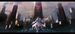 Rule 34 | 1girl, absurdres, arknights, building, city, commentary, dress, feet out of frame, from behind, frostnova (arknights), great lungmen logo, highres, kioazura, letterboxed, long hair, silver hair, solo, white dress