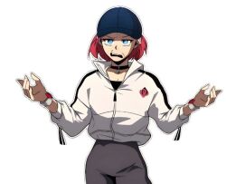 Rule 34 | 1girl, arms up, black shirt, blue eyes, cha yeong-joo, disgust, grey pants, hands up, jacket, open mouth, pants, player who returned 10000 years later, red hair, shirt, short hair, simple background, white background, white jacket