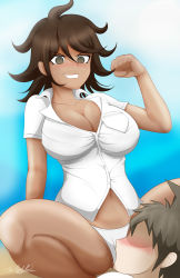 Rule 34 | 1boy, 1girl, absurdres, ahoge, arm up, blue background, blush, breast pocket, breasts, brown background, brown eyes, brown hair, cleavage, collarbone, collared shirt, danganronpa (series), danganronpa 2: goodbye despair, dark-skinned female, dark skin, ears, faceless, faceless male, feet out of frame, femdom, fingernails, full body, gradient background, grin, hair between eyes, hand up, head between thighs, highres, hinata hajime, large breasts, legs, looking at another, looking down, lower teeth only, medium hair, messy hair, navel, neolink077, no pants, open mouth, owari akane, panties, partially unbuttoned, pocket, sand, shiny skin, shirt, short sleeves, signature, sitting, sitting on face, sitting on person, sky, smile, squatting, sweat, sweatdrop, teeth, thighs, unbuttoned, unbuttoned shirt, underwear, upper body, upper teeth only, white background, white panties, white shirt