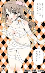 Rule 34 | 10s, 1girl, :d, argyle, argyle background, argyle clothes, bad id, bad tumblr id, bandaged arm, bandages, blush, breasts, brown eyes, brown hair, candy, chain, covered erect nipples, flying sweatdrops, food, hair ornament, halloween, happy halloween, idolmaster, idolmaster cinderella girls, jack-o&#039;-lantern, lollipop, long hair, looking at viewer, march-bunny, medium breasts, naked bandage, navel, one side up, open mouth, plaid, plaid background, shimamura uzuki, smile, solo, text focus, translation request