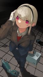 Rule 34 | 1girl, bandaged hand, bandages, blonde hair, detached arm, formal, from above, headset, highres, long sleeves, looking away, mechanical arms, original, pink eyes, short hair, single mechanical arm, solo, standing, suit, tile floor, tiles, torn clothes, yunimaru