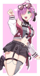 Rule 34 | absurdres, blush, bob cut, braid, eyewear on head, green eyes, grey thighhighs, hair over one eye, hakuou0714, harness, heart, heart-shaped eyewear, highres, himemori luna, himemori luna (streetwear), hololive, jacket, letterman jacket, midriff, multicolored hair, navel, necktie, o-ring, o-ring harness, off shoulder, official alternate costume, official alternate hairstyle, open clothes, open jacket, open mouth, open shorts, pink background, pink hair, red necktie, short hair, shorts, simple background, single thighhigh, skindentation, sunglasses, thighhighs, two-tone hair, virtual youtuber