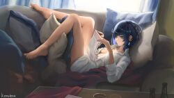 Rule 34 | 1girl, absurdres, bare legs, barefoot, blue hair, breasts, commentary, earrings, genshin impact, green eyes, highres, holding, indoors, jewelry, kemeleon, no pants, pillow, shirt, short hair, small breasts, solo, white shirt, yelan (genshin impact)