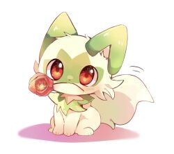 Rule 34 | 1other, animal focus, creatures (company), flower, flower in mouth, game freak, green fur, nintendo, no humans, pokemon, pokemon (creature), red eyes, red flower, sprigatito, white background, yupo 0322