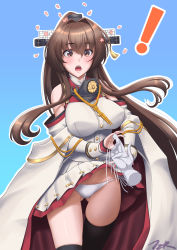 Rule 34 | !, 1girl, asymmetrical footwear, boots, breasts, brown eyes, brown hair, cherry blossoms, clothing cutout, coat, coat on shoulders, collar, disembodied hand, flower, hair between eyes, hair flower, hair intakes, hair ornament, headgear, highres, kantai collection, knee boots, large breasts, long coat, long hair, long sleeves, metal collar, panties, pleated skirt, ponytail, sakuramon, shoulder cutout, sidelocks, single knee boot, single thigh boot, skirt, skirt flip, t2r, thigh boots, underwear, white coat, white panties, white skirt, yamato (kancolle), yamato kai ni (kancolle)