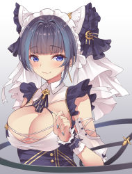 Rule 34 | 1girl, :3, animal ears, apron, azur lane, blue hair, breasts, cheshire (azur lane), cleavage, detached sleeves, fake animal ears, frilled hairband, frills, hairband, highres, iroha (unyun), long ribbon, looking at viewer, maid headdress, multicolored hair, puffy detached sleeves, puffy sleeves, purple apron, purple eyes, purple hair, simple background, solo, streaked hair, two-tone hair, upper body, white background