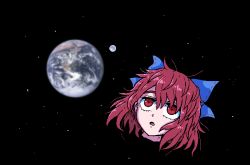 Rule 34 | 1girl, blue bow, bow, disembodied head, earth (planet), eyelashes, floating, formicid, hair bow, messy hair, moon, open mouth, planet, red eyes, sekibanki, short hair, space, star (sky), touhou, zero gravity