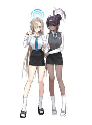 2girls absurdres alternate_costume alternate_hairstyle asuna_(blue_archive) black_footwear black_hair black_skirt blue_archive blue_eyes blue_halo blue_necktie breasts brown_hair collared_shirt commentary_request dark-skinned_female dark_skin ddungddang full_body grabbing_another&#039;s_arm grey_sweater_vest hair_bun hair_over_one_eye halo highres karin_(blue_archive) korean_commentary large_breasts long_hair long_sleeves looking_at_viewer medium_breasts miniskirt multiple_girls necktie one_eye_covered purple_halo school_uniform shirt simple_background single_hair_bun skirt slippers smile socks standing sweater_vest v very_long_hair white_background white_footwear white_shirt white_socks yellow_eyes