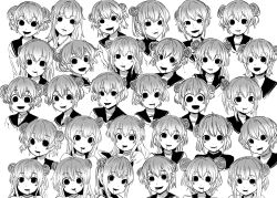 Rule 34 | 4shi, black sailor collar, blank eyes, blush, dango-chan (4shi), double bun, drooling, fading, grey hair, greyscale, hair bun, highres, looking at viewer, looking away, looking to the side, monochrome, multicolored hair, open mouth, smile, original, sailor collar, short hair, smile, translation request, white background, white hair