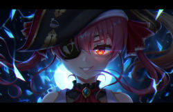 Rule 34 | 1girl, artist name, bare shoulders, bicorne, black hat, eyepatch, glowing, glowing eye, hair ribbon, hat, heterochromia, hololive, hololive fantasy, houshou marine, jackmiho, long hair, looking at viewer, pirate, pirate hat, portrait, red eyes, red hair, red ribbon, ribbon, signature, smile, solo, twintails, virtual youtuber