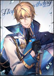 Rule 34 | 1boy, ahoge, black gloves, blonde hair, blue cape, cape, clip studio paint (medium), collar, collared cape, collared jacket, dated, epaulettes, gem, gloves, glowing, happy birthday, high collar, holding, huang shao tian, jacket, long sleeves, looking at viewer, male focus, painttool sai (medium), parted lips, photoshop (medium), quan zhi gao shou, s (olath), short hair, sleeve cuffs, solo, tassel, turtleneck, upper body, water, water drop, yellow eyes