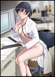 Rule 34 | 1girl, amagami, bad id, bad pixiv id, black hair, breasts, censored, chair, chart, coat, computer, convenient censoring, desk, glowstick, lab coat, large breasts, legs, long legs, md5 mismatch, naked coat, office chair, open clothes, osomatu-sama, pen, penlight (glowstick), sitting, smile, solo, stethoscope, swivel chair, tsukahara hibiki