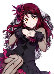 Rule 34 | 1girl, blush, facial mark, flower, guilty kiss (love live!), hair flower, hair ornament, highres, lace-trimmed veil, lace trim, long hair, looking at viewer, love live!, love live! school idol festival, love live! school idol project, pantyhose, red hair, sakurauchi riko, shiimai, solo, steepled fingers, tongue, tongue out, veil, white background, yellow eyes