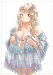 Rule 34 | 1girl, bare legs, bare shoulders, blue scarf, blush, breasts, brown eyes, cleavage, collarbone, convenient censoring, ear piercing, earrings, flower earrings, hair ornament, hairclip, highres, jewelry, koji (kojikojimdw), large breasts, light brown hair, long hair, looking at viewer, navel, no bra, nude, original, parted lips, piercing, scarf, scarf over breasts, simple background, solo, twintails, twitter username, white background