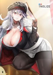 Rule 34 | 1girl, azur lane, black hat, black pantyhose, black shirt, blush, bra, breasts, cape, cleavage, clipboard, fur-trimmed cape, fur trim, graf zeppelin (azur lane), grey hair, grey skirt, grin, hat, highres, huge breasts, light rays, long hair, long sleeves, looking at viewer, manjuu (azur lane), pantyhose, partially unbuttoned, peaked cap, pixiv username, red eyes, shirt, skirt, smile, solo, thick thighs, thighband pantyhose, thighs, tnolize, underwear, very long hair, white bra
