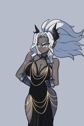 Rule 34 | 1girl, absurdres, black dress, blush, breasts, cleavage, closed mouth, collarbone, colored skin, dress, grey skin, helltaker, highres, horns, judgement (helltaker), large breasts, long hair, ponytail, solo, ssu ssong, white eyes, white hair