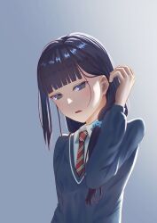 Rule 34 | 1girl, absurdres, bkni 11, blue scrunchie, blunt bangs, blush, collared shirt, commentary request, gundou misuzu, hair ornament, hair scrunchie, hand in own hair, highres, long hair, long sleeves, looking at another, looking at viewer, necktie, open mouth, purple eyes, purple hair, school uniform, scrunchie, shirt, simple background, solo, striped, striped necktie, sweater, teeth, tomo-chan wa onna no ko, upper body, upper teeth only, white shirt, wing collar