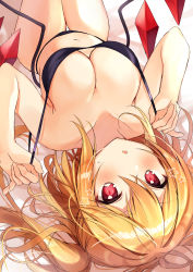 Rule 34 | 1girl, absurdres, aged up, alternate breast size, bare arms, bare shoulders, bed sheet, bikini, black bikini, blonde hair, blush, breasts, collarbone, commentary request, cowboy shot, crystal, flandre scarlet, hair between eyes, hair intakes, hands up, highres, knees up, large breasts, long hair, looking at viewer, lying, navel, nenobi (nenorium), on back, one side up, parted lips, red eyes, solo, star (symbol), stomach, strap pull, sweat, swimsuit, thighs, touhou, upside-down, wings