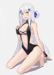 Rule 34 | 1girl, :o, alternate costume, arm at side, backless outfit, bare arms, bare legs, bare shoulders, barefoot, black one-piece swimsuit, blue ribbon, blunt bangs, breasts, casual one-piece swimsuit, center opening, cleavage, collarbone, echj, full body, girls&#039; frontline, green eyes, hair ornament, hair ribbon, hairclip, hand on own chest, hk416 (girls&#039; frontline), kneeling, long hair, looking at viewer, medium breasts, navel, one-piece swimsuit, one side up, open mouth, ribbon, silver hair, sketch, solo, stomach, swimsuit, very long hair