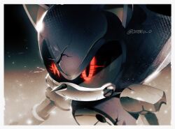 Rule 34 | 1boy, animal ears, armor, artist name, black background, black sclera, blue armor, bolt (hardware), border, colored sclera, commentary, fake animal ears, gradient background, grey armor, grey background, hedgehog ears, highres, looking to the side, male focus, mechanical arms, metal sonic, multicolored armor, ombeo o, pointy nose, red eyes, robot, simple background, solo, sonic (series), standing, symbol-only commentary, white border