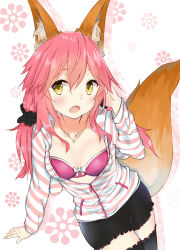 Rule 34 | 10s, 1girl, absurdres, animal ears, black thighhighs, bra, breasts, cleavage, collarbone, fang, fate/extra, fate/grand order, fate (series), fox ears, fox tail, hand in own hair, highres, hood, hoodie, looking at viewer, official alternate costume, open mouth, pink bra, pink hair, solo, striped clothes, striped hoodie, tail, tamamo (fate), tamamo no mae (fate/extra), tamamo no mae (spring casual) (fate), thighhighs, underwear, yellow eyes, yuneru (haryun995)