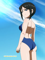Rule 34 | 1girl, ass, black hair, blue eyes, blue one-piece swimsuit, blush, breasts, chouno ami, closed mouth, dated, girls und panzer, highres, medium breasts, naotosi, one-piece swimsuit, outdoors, short hair, shoulder blades, signature, sky, smile, solo, standing, swimsuit