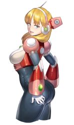 Rule 34 | 1girl, absurdres, alia (mega man), android, armor, ass, ass grab, ass support, black bodysuit, blonde hair, blue eyes, bodysuit, breasts, capcom, commission, cropped legs, gloves, hands on own ass, hanny (uirusu chan), highres, large breasts, lips, long hair, looking at viewer, mega man (series), mega man x (series), naughty face, parted lips, pink armor, robot ears, seductive smile, skin tight, smile, solo, standing, teeth, thick thighs, thighs, turning head, upper teeth only, white background, white gloves