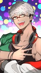 Rule 34 | 1boy, :d, absurdres, aged down, arurandeisu, black tank top, blurry, bokeh, bracelet, chain necklace, dark-skinned male, dark skin, depth of field, glasses, green eyes, grey hair, headphones, headphones around neck, highres, hizaki gamma (artist), holostars, jacket, jewelry, looking at viewer, male focus, necklace, off shoulder, official alternate costume, open mouth, outline, purple background, red-framed eyewear, short hair, smile, solo, tank top, teeth, toned, toned male, upper body, virtual youtuber, w, white jacket, white outline