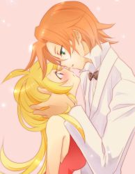 Rule 34 | 10s, 1boy, 1girl, alternate hairstyle, blonde hair, blue eyes, blush, brief (psg), couple, eye contact, formal, green eyes, hand on another&#039;s cheek, hand on another&#039;s face, hand on another&#039;s head, hetero, imminent kiss, light particles, looking at another, neko yuuko, orange hair, panty &amp; stocking with garterbelt, panty (psg)