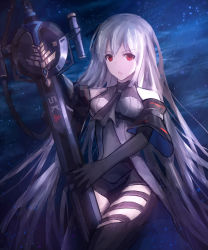 Rule 34 | 1girl, arknights, ascot, black ascot, black gloves, black pants, black shirt, blue background, breasts, chinese commentary, clothing cutout, cowboy shot, detached sleeves, elbow gloves, elite ii (arknights), gloves, grey hair, highres, holding, holding sword, holding weapon, long hair, looking at viewer, medium breasts, open mouth, pants, red eyes, shirt, skadi (arknights), skadi (elite ii) (arknights), solo, sword, thigh cutout, very long hair, weapon, zxcould23