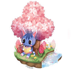 Rule 34 | 1girl, :3, animal crossing, artist name, black eyes, blue hair, blush, blush stickers, book, cat girl, cherry blossoms, closed mouth, commentary, dandelion, dress, english commentary, falling petals, faux figurine, flower, furry, furry female, grass, holding, holding book, hyacinth, lunchbox, nintendo, open book, pawpads, petals, petals on liquid, pink dress, pink flower, plant, reading, reflection, reflective water, rosie (animal crossing), simple background, sitting, sleeveless, sleeveless dress, smile, solo, spring (season), syertse, tree, water, waterfall, white background, yellow flower