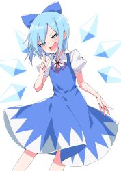 Rule 34 | 1girl, blue bow, blue dress, blue eyes, blue hair, bow, cirno, dress, hair bow, hair over one eye, highres, ice, ice wings, looking at viewer, open mouth, pointing, puffy short sleeves, puffy sleeves, red bow, red neckwear, shirt, short sleeves, simple background, smile, solo, touhou, tsukimirin, white background, white shirt, white sleeves, wings