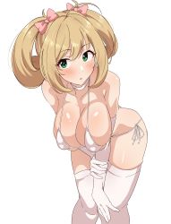 Rule 34 | 1girl, absurdres, bikini, blonde hair, blush, bow, breasts, character request, cleavage, copyright request, hair bow, highres, large breasts, leaning forward, long hair, looking to the side, parted lips, pink bow, seihekiog, side-tie bikini bottom, simple background, skindentation, solo, swimsuit, thighhighs, white thighhighs