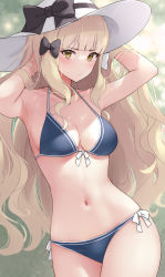 Rule 34 | 1girl, armpits, arms up, bare arms, bare shoulders, bikini, black bow, blonde hair, blue bikini, blunt bangs, bow, breasts, brown eyes, cleavage, collarbone, commentary request, cowboy shot, front-tie bikini top, front-tie top, hair bow, halterneck, hat, hat bow, hat ornament, highres, jewelry, long hair, medium breasts, navel, necklace, princess connect!, saren (princess connect!), saren (real) (princess connect!), side-tie bikini bottom, sixteenpo, solo, stomach, sun hat, swimsuit, v-shaped eyebrows, very long hair, wavy hair, white bow, white hat