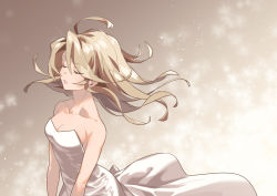 Rule 34 | 1girl, ahoge, bare arms, bare shoulders, blonde hair, breasts, cleavage, closed eyes, collarbone, commentary request, dress, grey background, long hair, medium breasts, original, parted lips, pink lips, silversnow, solo, strapless, strapless dress, upper body, white dress