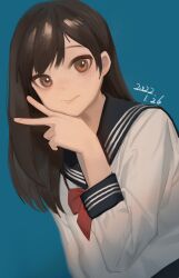 Rule 34 | blue background, blue sailor collar, blush, bow, bowtie, brown eyes, brown hair, dated, hand on own cheek, hand on own face, hand up, highres, kofi-mo, long hair, long sleeves, looking at viewer, original, red bow, red bowtie, sailor collar, school uniform, serafuku, smile, solo, upper body, v, white serafuku