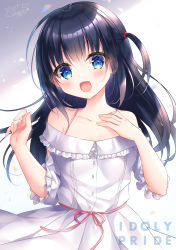 Rule 34 | 1girl, :d, bare shoulders, black hair, blue eyes, blush, character request, collarbone, commentary request, copyright name, dress, hair between eyes, hands up, highres, idoly pride, kohinata hoshimi, long hair, looking at viewer, off-shoulder dress, off shoulder, one side up, open mouth, short sleeves, signature, smile, solo, very long hair, white dress