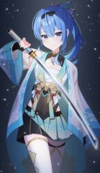 Rule 34 | 1girl, bandages, blue eyes, blue hair, breasts, cleavage, hololive, hoshimachi suisei, kazama iroha (cosplay), looking at viewer, short hair, smile, solo, sword, tsumurimai, virtual youtuber, weapon
