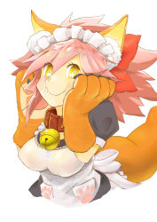 Rule 34 | 1girl, absurdres, animal ear fluff, animal ears, animal hands, apron, bad id, bad pixiv id, bell, blush stickers, breasts, cat hair ornament, cat paws, collar, fang, fangs, fate/grand order, fate (series), fox ears, fox tail, gloves, hair ornament, hair ribbon, highres, jingle bell, large breasts, long hair, looking at viewer, maid headdress, neck bell, paw gloves, pink hair, ponytail, red ribbon, ribbon, simple background, solo, tail, tamamo (fate), tamamo cat (fate), white background, wozzy
