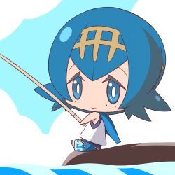 Rule 34 | 1girl, asairosora, bare shoulders, blue eyes, blue hair, blue one-piece swimsuit, blue pants, blue sailor collar, blue sky, bob cut, bright pupils, chibi, closed mouth, cloud, creatures (company), day, female focus, fishing, fishing rod, from side, full body, game freak, hairband, happy, holding, holding fishing rod, lana (pokemon), looking at viewer, matching hair/eyes, nintendo, ocean, one-piece swimsuit, outdoors, pants, pokemon, pokemon sm, sailor collar, shirt, short hair, sidelocks, sitting, sky, sleeveless, sleeveless shirt, smile, solo, swimsuit, swimsuit under clothes, white pupils, white shirt, yellow hairband